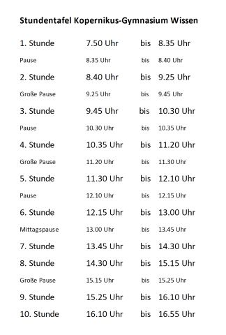 Unterrichtszeiten am KGW